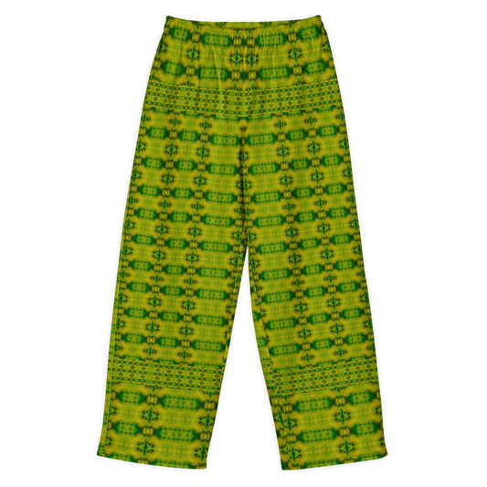 Front view of Purely Jade Light cotton wide leg trousers with elastic waistband and yellow-green jade print with small vertical medallion rows by River Jade Smithy.