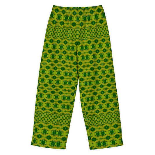 Front view of Purely Jade Light cotton wide leg trousers with elastic waistband and yellow-green jade print with repeating dark green small medallions by River Jade Smithy.