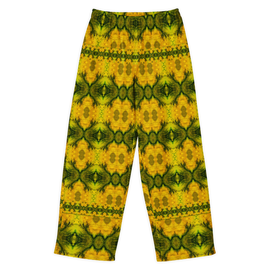 Front view of Purely Jade Light cotton wide leg trousers with elastic waistband and gold-and-green mirrored jade print with large faceted medallions by River Jade Smithy.