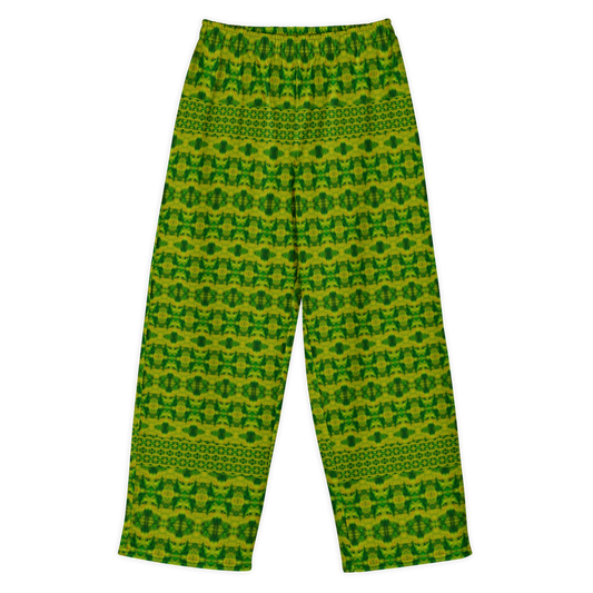 Front view of Purely Jade Light cotton wide leg trousers with elastic waistband and green-and-gold fine lattice jade print with narrow bands by River Jade Smithy.