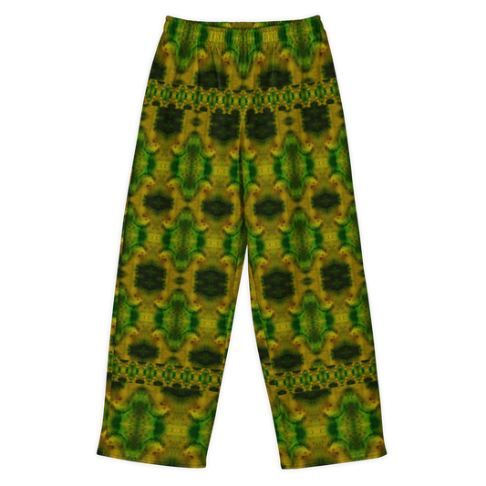 Front view of Purely Jade Light cotton wide leg trousers with elastic waistband and deep green-and-gold jade print with dark oval medallions and horizontal border bands by River Jade Smithy.