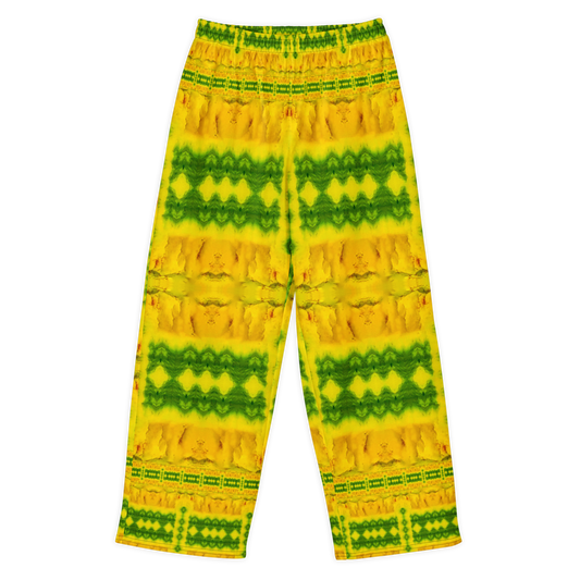 Front view of Purely Jade Light cotton wide leg trousers with elastic waistband and bright gold jade print with bold green horizontal panels by River Jade Smithy.