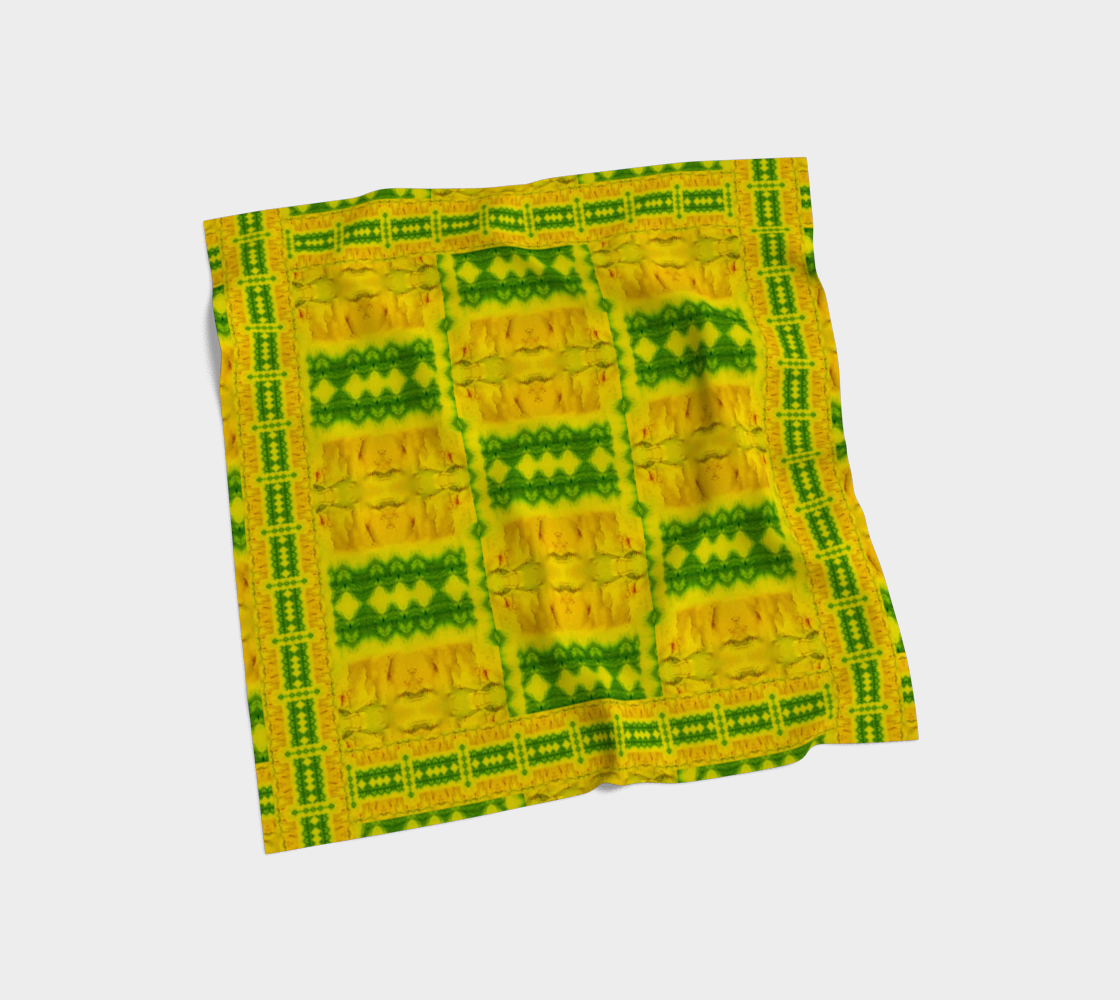 Bright yellow jade and green Purely Jade Light silk art scarf laid flat, showing a framed vertical-banded panel by RJSTH.