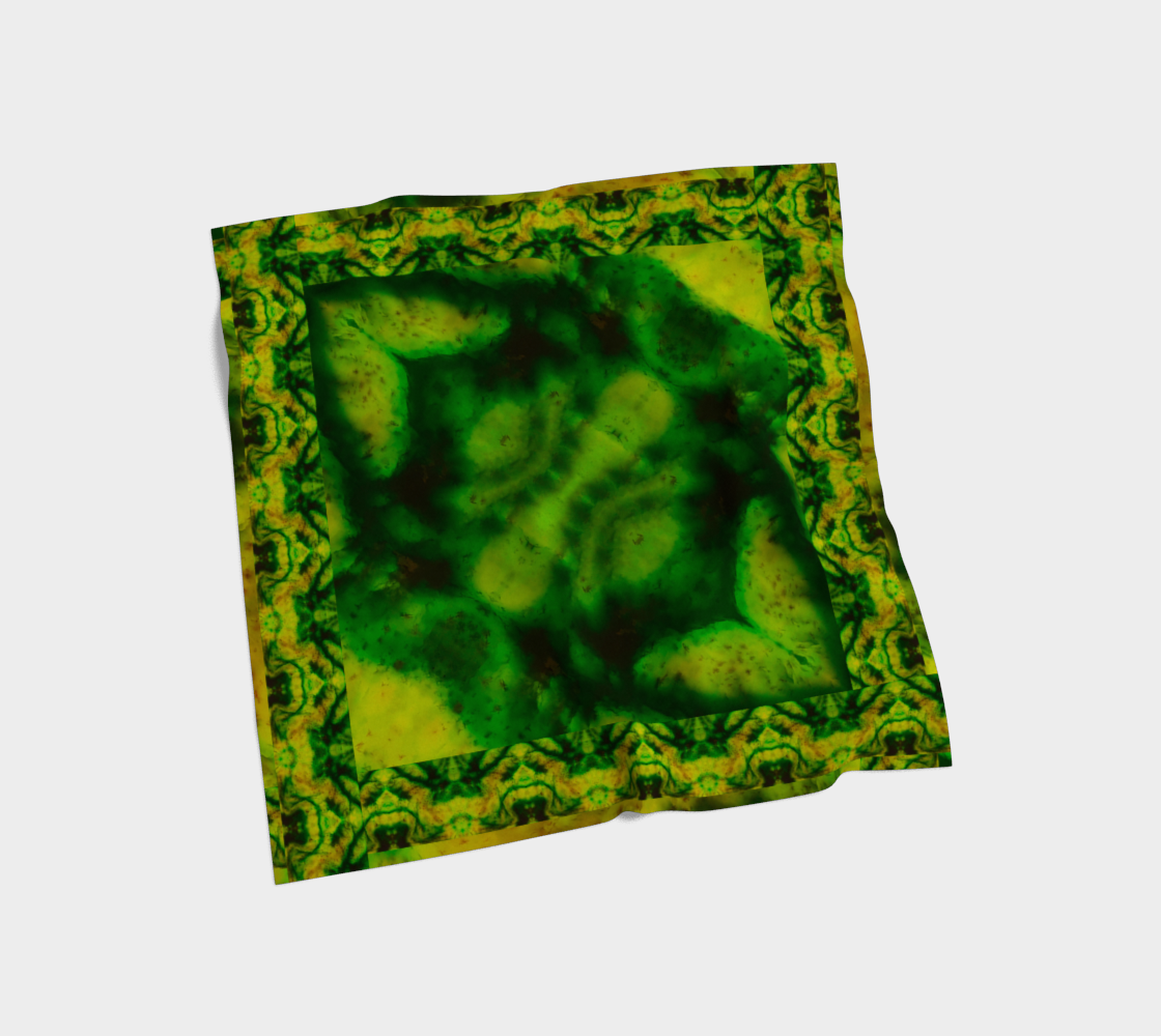 Yellow jade and deep green Purely Jade Light silk art scarf laid flat, showing a framed central field with patterned border by RJSTH.