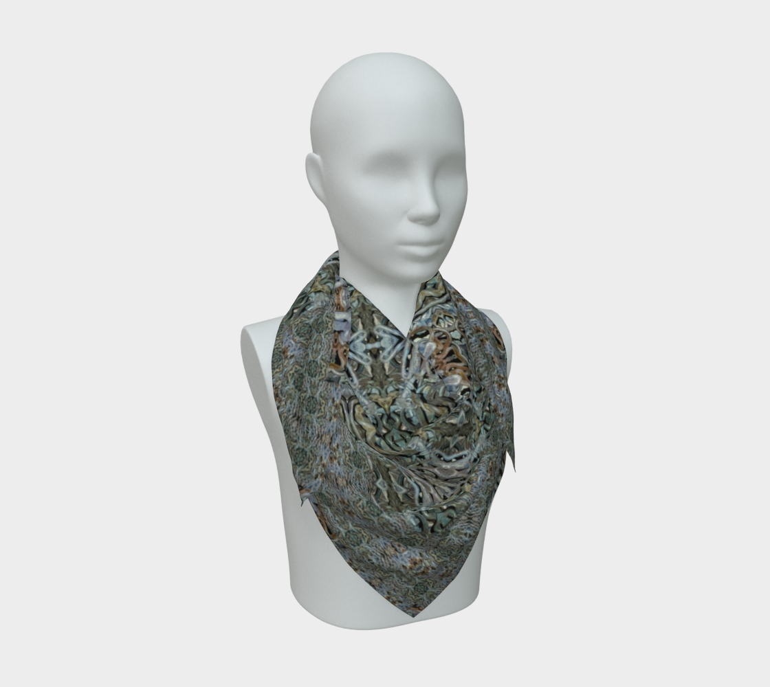 Front mannequin view of the Grail Night Hoard Virtus 8.4 Silk Art Scarf in moss olive, blue-gray, charcoal, copper and cream, with repeated leaf- and feather-like ovals joined by scrolls in vertical bands, arranged in a compact pointed drape.
