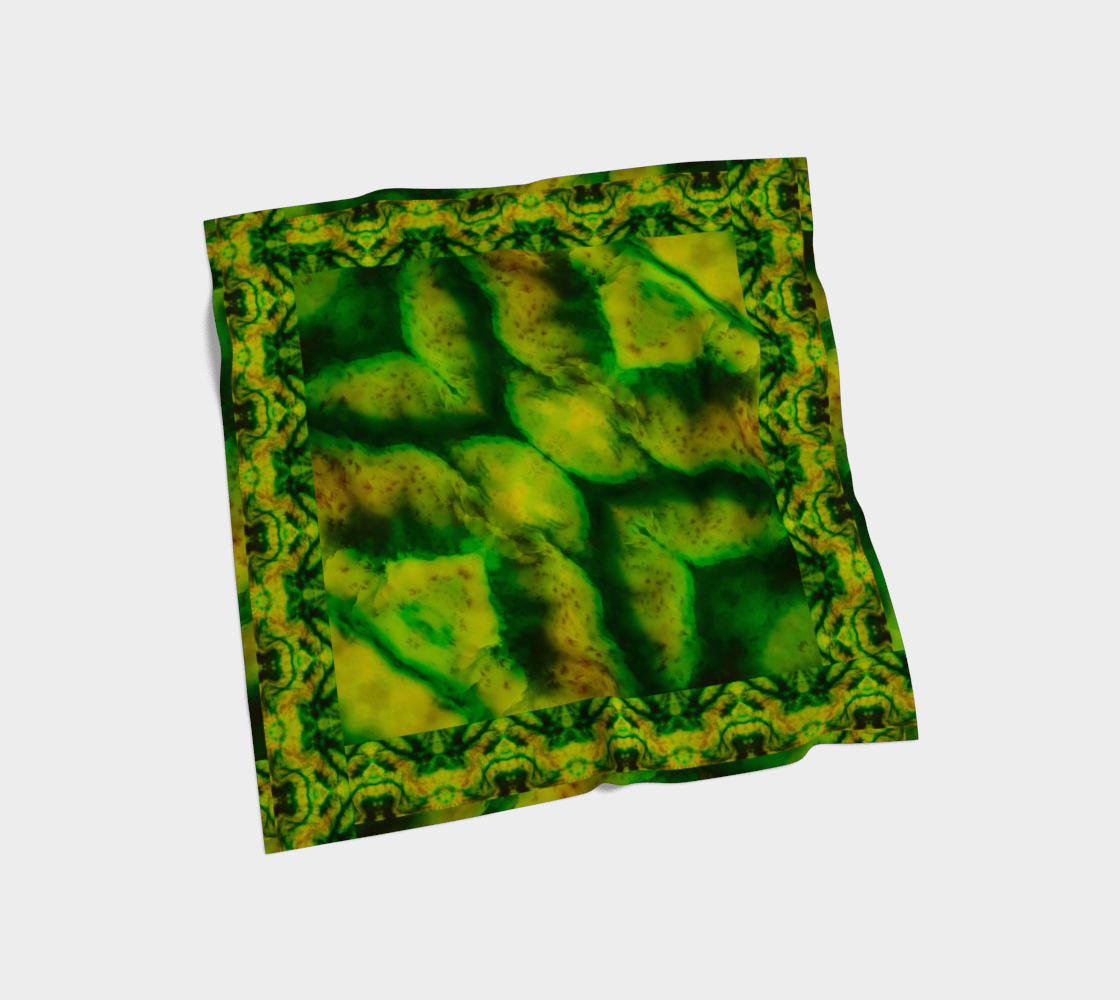Bright green jade and gold Purely Jade Light silk art scarf laid flat, showing a framed panel field with visible border logic by RJSTH.