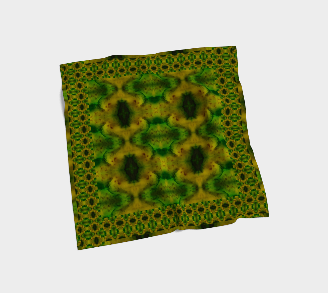 Yellow-gold and green Purely Jade Light silk art scarf laid flat, showing a framed repeated cellular field by RJSTH.