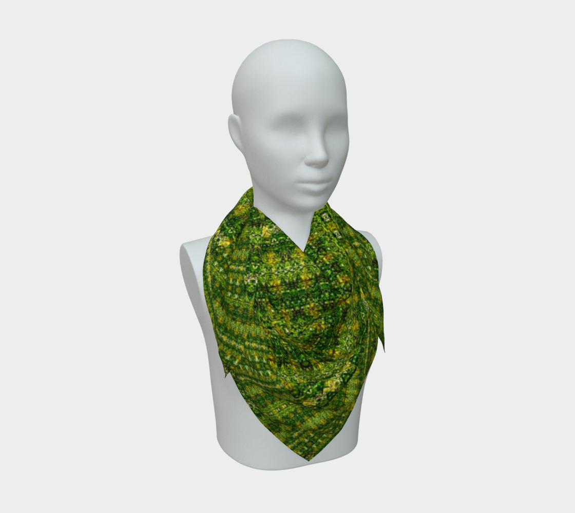 Front-left scarf drape with miniature green-gold cells compressed into layered moss ribbons around the chest.
