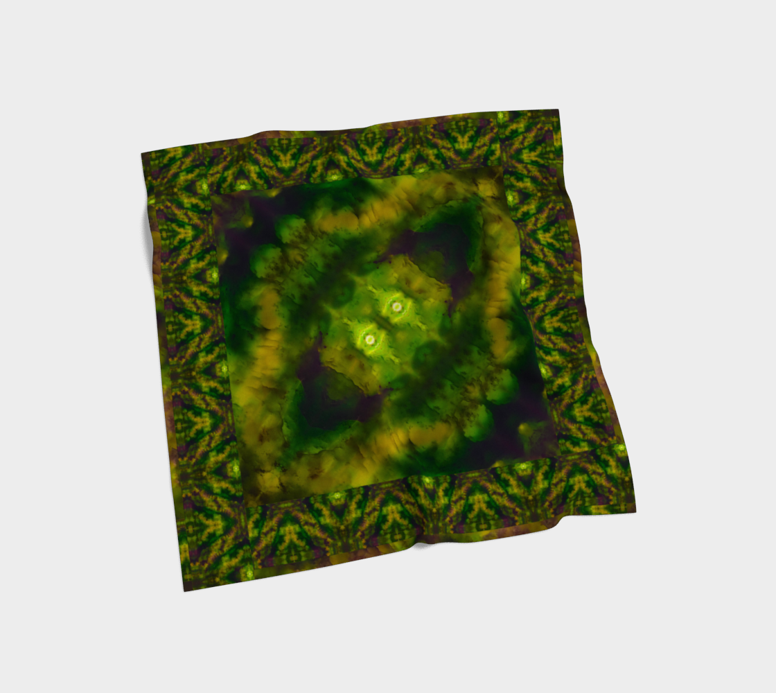 Yellow-gold, deep green, and muted violet Purely Jade Light silk art scarf laid flat, showing a framed chamber-panel field with patterned border by RJSTH.