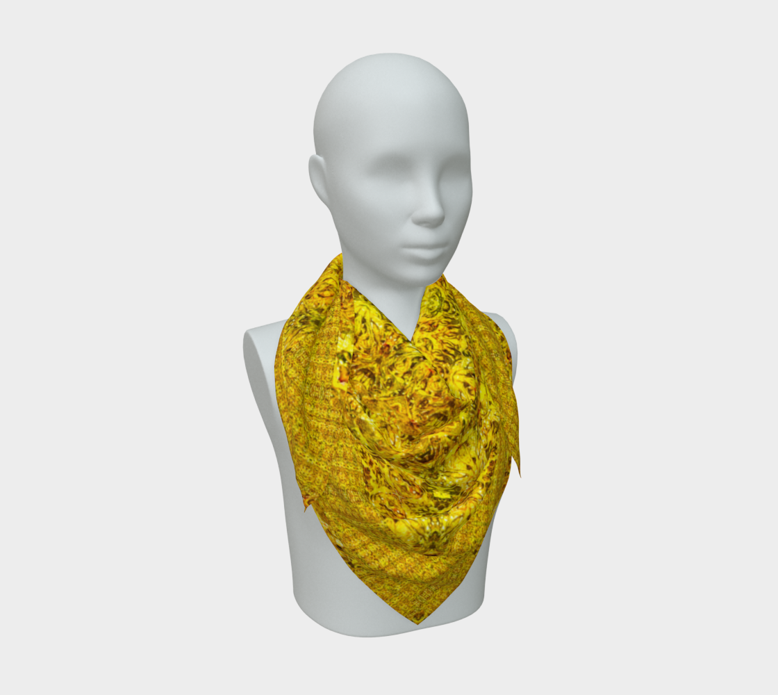 Front scarf drape with rust-and-green rosettes along bright golden channels curving through a cowl and long point.