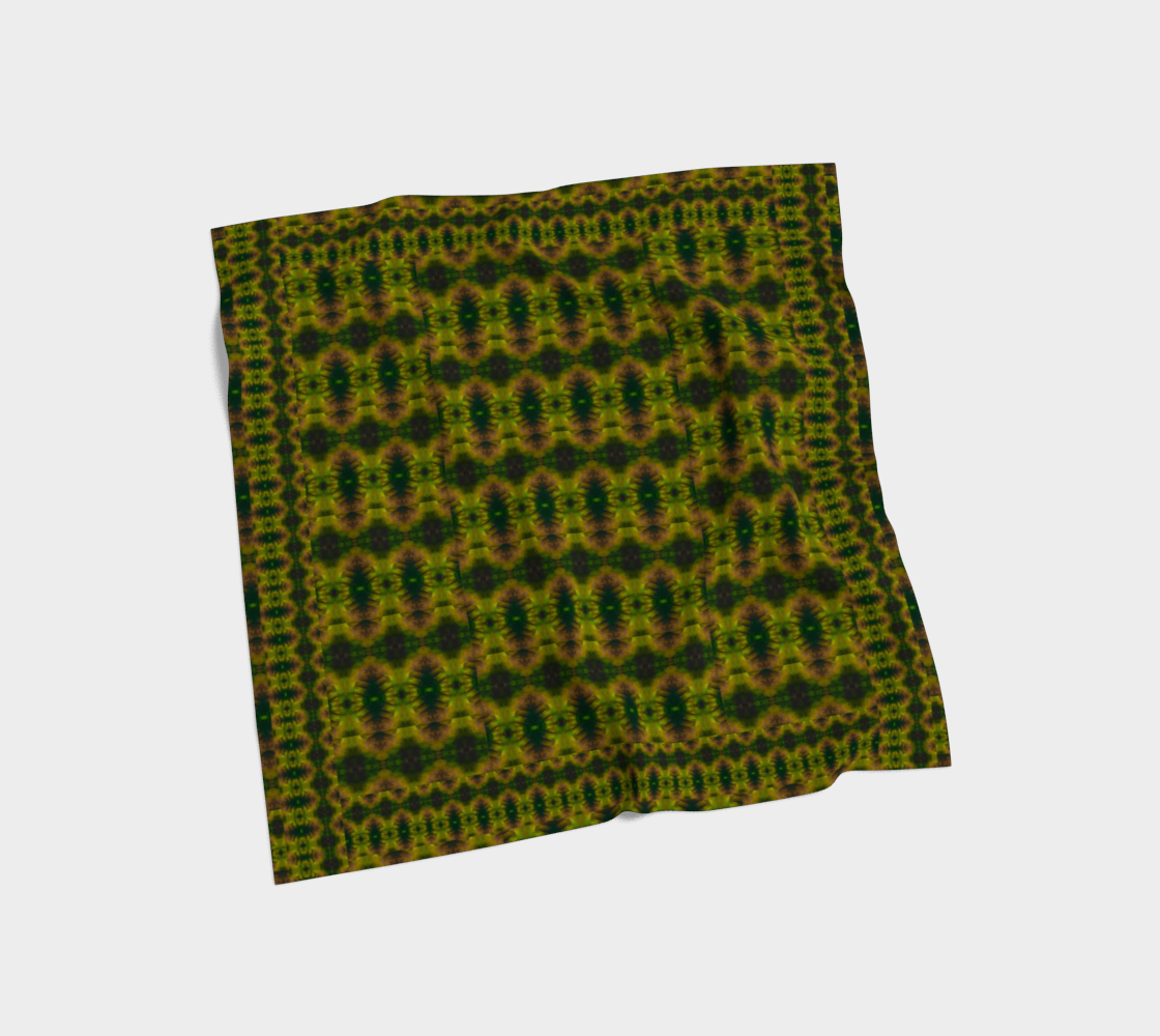 Deep green jade and gold Purely Jade Light silk art scarf laid flat, showing a framed oval-repeat lattice field by RJSTH.