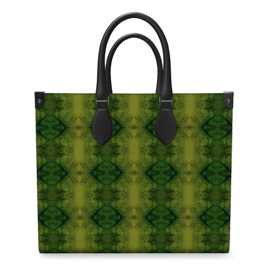 Hand Crafted, River Jade Smithy, Travis Huffaker, RJSTH, England, Apparel & Accessories > Handbags, Wallets & Cases > Handbags, Shoppers Bag, RJSTH@FABRIC#5, Nappa Leather, Large - 15.7" x 13.4" x 7.1" / Weight: 2.4 lbs, Small - 13.8" x 11.0" x 6.1" / Weight: 2.0 lbs, Black Handle, geometric, stain glass, green, jade, & purple, stripe, through woven, Copper, on the ends, front
