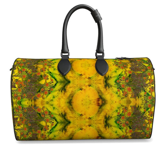 Hand Crafted, Print on Demand, England, River Jade Smithy, Travis Huffaker, RJSTH, Luggage & Bags > Duffel Bags, duffle, RJSTH@Fabric#1, WindSong Flower, Nappa Leather, Gunmetal hardware, Small (W x L x H): 7.9" x 14.6" x 8.3, Large (W x L x H): 9.1" x 20.1" x 11.2, black handle, yellow, jade, copper, orange flowers, other front