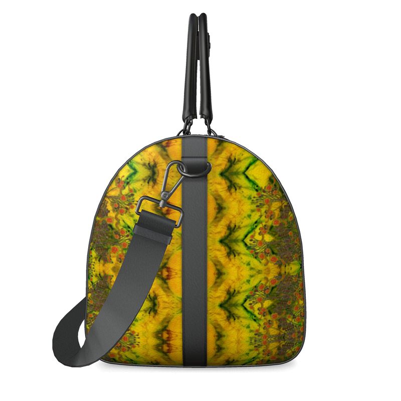 Hand Crafted, Print on Demand, England, River Jade Smithy, Travis Huffaker, RJSTH, Luggage & Bags > Duffel Bags, duffle, RJSTH@Fabric#1, WindSong Flower, Nappa Leather, Gunmetal hardware, Small (W x L x H): 7.9" x 14.6" x 8.3, Large (W x L x H): 9.1" x 20.1" x 11.2, black handle, yellow, jade, copper, orange flowers, other side