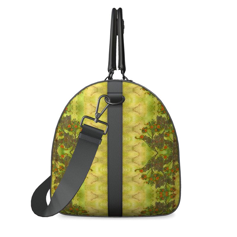 Hand Crafted, Print on Demand, England, River Jade Smithy, Travis Huffaker, RJSTH, Luggage & Bags > Duffel Bags, duffle, RJSTH@Fabric#2, WindSong Flower Collection, Nappa Leather, Gunmetal hardware, Small (W x L x H): 7.9" x 14.6" x 8.3, Large (W x L x H): 9.1" x 20.1" x 11.2, black handle, moss, green, copper, orange, other side