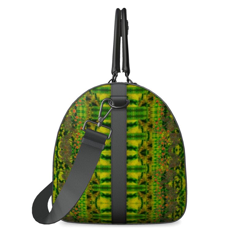 Hand Crafted, Print on Demand, England, River Jade Smithy, Travis Huffaker, RJSTH, Luggage & Bags > Duffel Bags, duffle, RJSTH@Fabric#3, WindSong Flower Collection, Nappa Leather, Gunmetal hardware, Small (W x L x H): 7.9" x 14.6" x 8.3, Large (W x L x H): 9.1" x 20.1" x 11.2, black handle, green, jade, copper, orange, other side