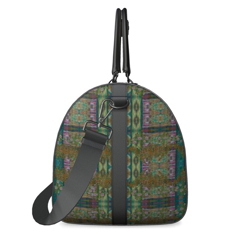 Hand Crafted, Print on Demand, England, River Jade Smithy, Travis Huffaker, RJSTH, Luggage & Bags > Duffel Bags, duffle, RJSTH@Fabric#4, WindSong Flower Collection, Nappa Leather, Gunmetal hardware, Small (W x L x H): 7.9" x 14.6" x 8.3, Large (W x L x H): 9.1" x 20.1" x 11.2, black handle, blue, green, copper, purple, other side