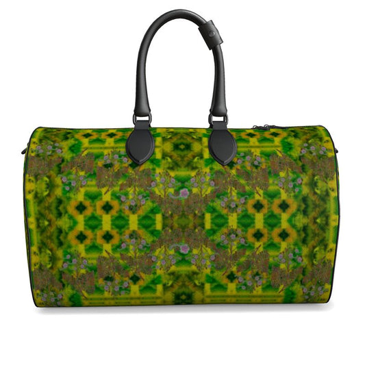 Hand Crafted, Print on Demand, England, River Jade Smithy, Travis Huffaker, RJSTH, Luggage & Bags > Duffel Bags, duffle, RJSTH@Fabric#5, WindSong Flower Collection, Nappa Leather, Gunmetal hardware, Small (W x L x H): 7.9" x 14.6" x 8.3, Large (W x L x H): 9.1" x 20.1" x 11.2, black handle, green, jade, copper, purple, front