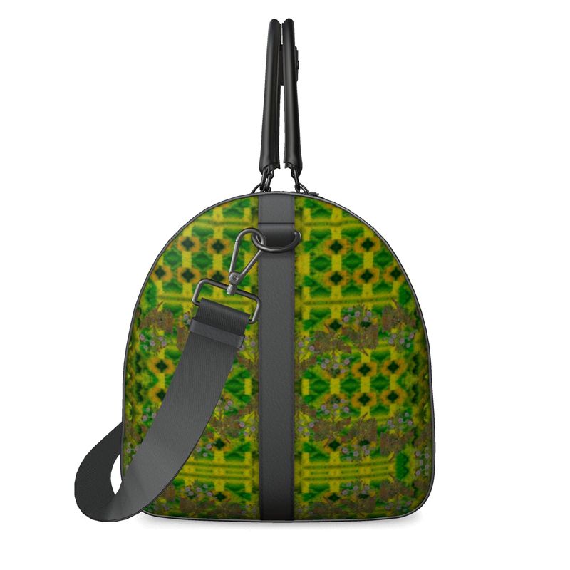 Hand Crafted, Print on Demand, England, River Jade Smithy, Travis Huffaker, RJSTH, Luggage & Bags > Duffel Bags, duffle, RJSTH@Fabric#5, WindSong Flower Collection, Nappa Leather, Gunmetal hardware, Small (W x L x H): 7.9" x 14.6" x 8.3, Large (W x L x H): 9.1" x 20.1" x 11.2, black handle, green, jade, copper, purple, other side