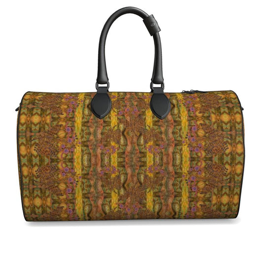 Hand Crafted, Print on Demand, England, River Jade Smithy, Travis Huffaker, RJSTH, Luggage & Bags > Duffel Bags, duffle, RJSTH@Fabric#6, WindSong Flower Collection, Nappa Leather, Gunmetal hardware, Small (W x L x H): 7.9" x 14.6" x 8.3, Large (W x L x H): 9.1" x 20.1" x 11.2, black handle, bronze, gold, copper, purple flowers, front