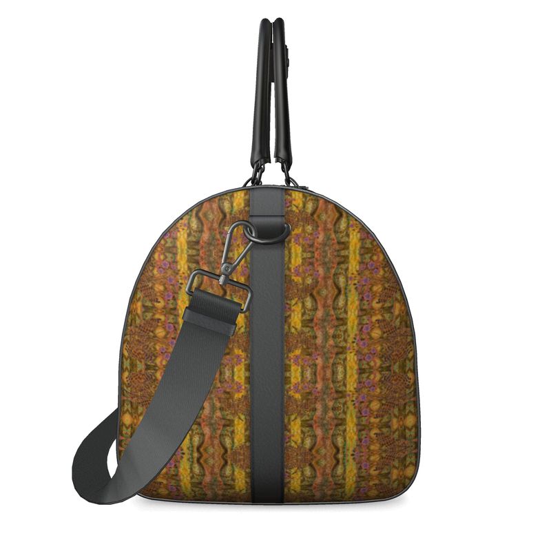 Hand Crafted, Print on Demand, England, River Jade Smithy, Travis Huffaker, RJSTH, Luggage & Bags > Duffel Bags, duffle, RJSTH@Fabric#6, WindSong Flower Collection, Nappa Leather, Gunmetal hardware, Small (W x L x H): 7.9" x 14.6" x 8.3, Large (W x L x H): 9.1" x 20.1" x 11.2, black handle, bronze, gold, copper, purple flowers, other side