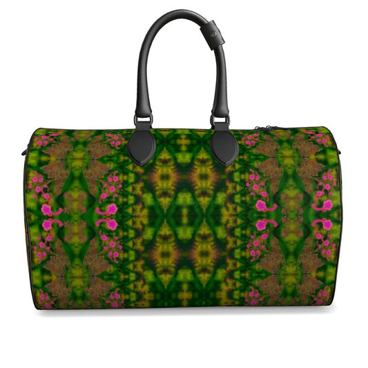 Hand Crafted, Print on Demand, England, River Jade Smithy, Travis Huffaker, RJSTH, Luggage & Bags > Duffel Bags, duffle, RJSTH@Fabric#7, WindSong Flower Collection, Nappa Leather, Gunmetal hardware, Small (W x L x H): 7.9" x 14.6" x 8.3, Large (W x L x H): 9.1" x 20.1" x 11.2, black handle, green, purple, jade, copper, pink flowers, front