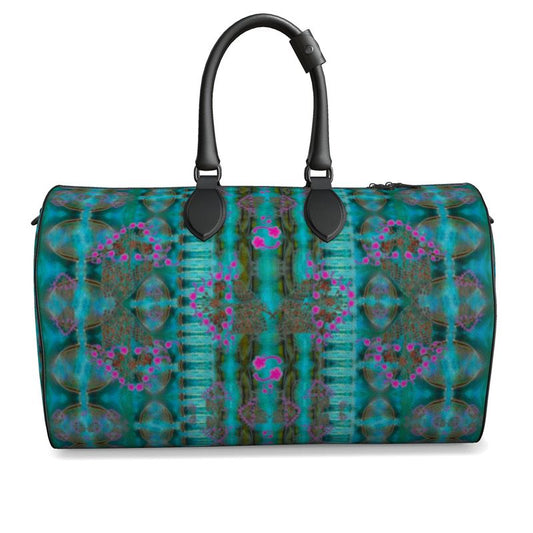 Hand Crafted, Print on Demand, England, River Jade Smithy, Travis Huffaker, RJSTH, Luggage & Bags > Duffel Bags, duffle, RJSTH@Fabric#8, WindSong Flower Collection, Nappa Leather, Gunmetal hardware, Small (W x L x H): 7.9" x 14.6" x 8.3, Large (W x L x H): 9.1" x 20.1" x 11.2, black handle, blue, copper, pink, flowers, front