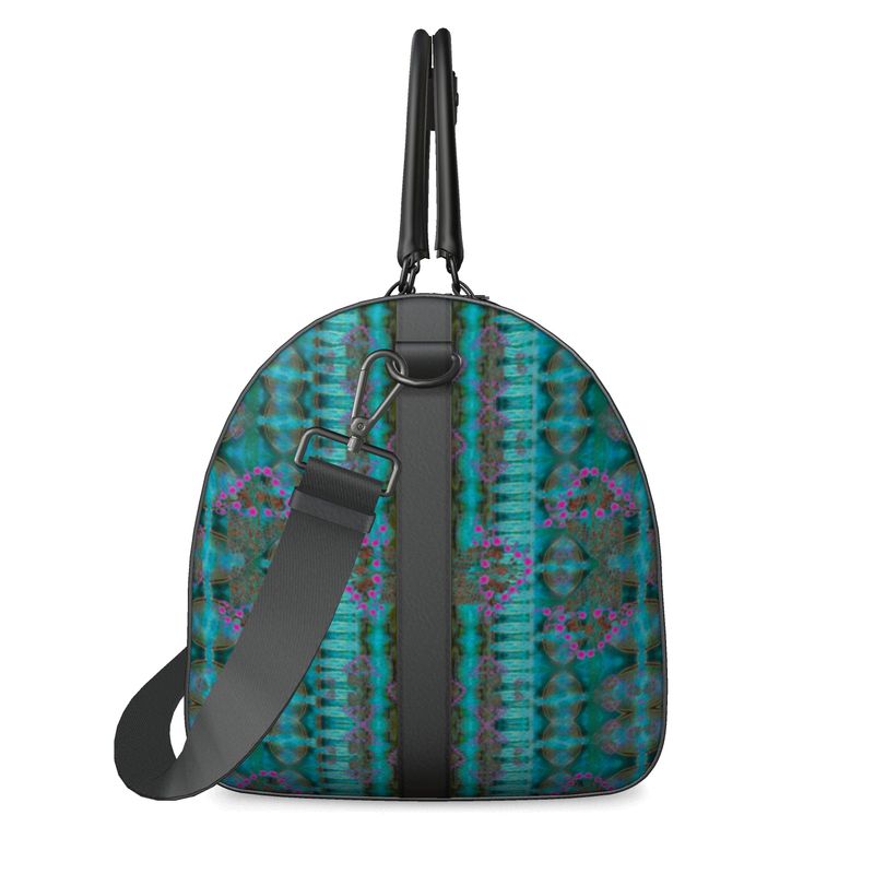Hand Crafted, Print on Demand, England, River Jade Smithy, Travis Huffaker, RJSTH, Luggage & Bags > Duffel Bags, duffle, RJSTH@Fabric#8, WindSong Flower Collection, Nappa Leather, Gunmetal hardware, Small (W x L x H): 7.9" x 14.6" x 8.3, Large (W x L x H): 9.1" x 20.1" x 11.2, black handle, blue, copper, pink, flowers, other side