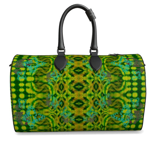 Hand Crafted, Print on Demand, England, River Jade Smithy, Travis Huffaker, RJSTH, Luggage & Bags > Duffel Bags, duffle, RJSTH@Fabric#10, WindSong Flower Collection, Nappa Leather, Gunmetal hardware, Small (W x L x H): 7.9" x 14.6" x 8.3, Large (W x L x H): 9.1" x 20.1" x 11.2, black handle, green, jade, copper, blue, front