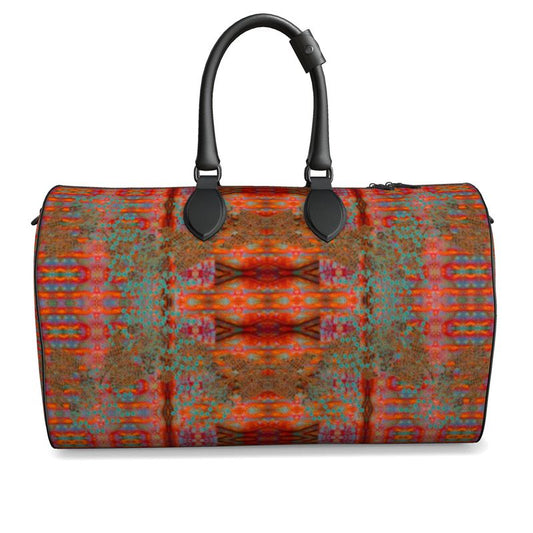 Hand Crafted, Print on Demand, England, River Jade Smithy, Travis Huffaker, RJSTH, Luggage & Bags > Duffel Bags, duffle, RJSTH@Fabric#12, WindSong Flower Collection, Nappa Leather, Gunmetal hardware, Small (W x L x H): 7.9" x 14.6" x 8.3, Large (W x L x H): 9.1" x 20.1" x 11.2, black handle, red, orange, copper, blue, front