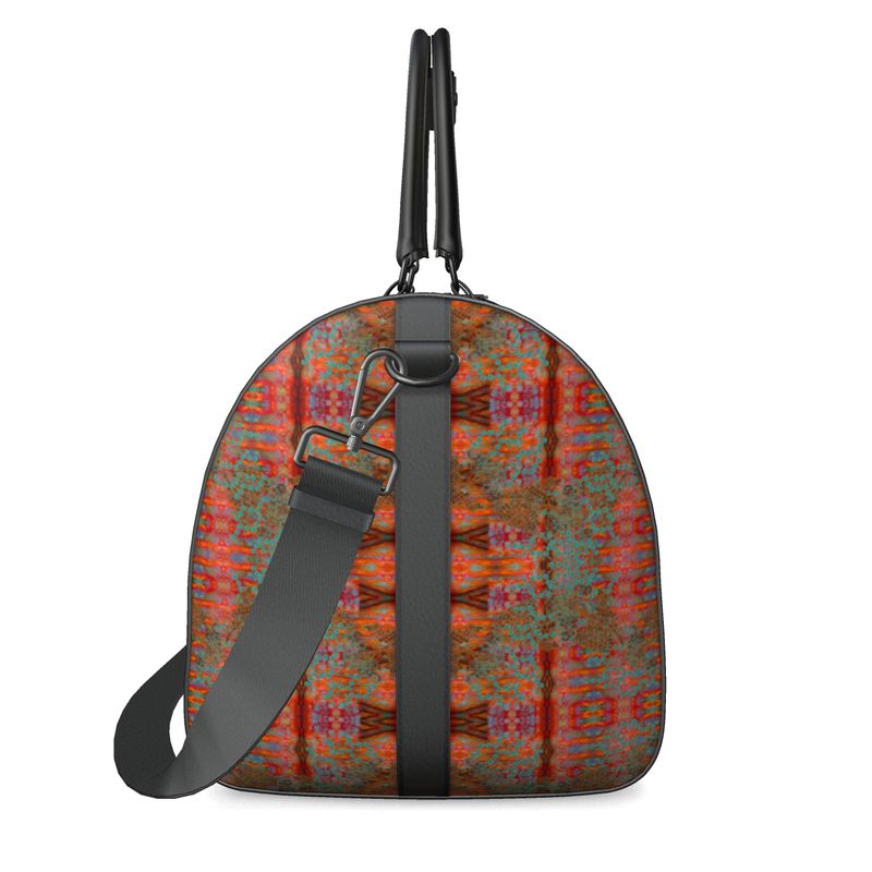 Hand Crafted, Print on Demand, England, River Jade Smithy, Travis Huffaker, RJSTH, Luggage & Bags > Duffel Bags, duffle, RJSTH@Fabric#12, WindSong Flower Collection, Nappa Leather, Gunmetal hardware, Small (W x L x H): 7.9" x 14.6" x 8.3, Large (W x L x H): 9.1" x 20.1" x 11.2, black handle, red, orange, copper, blue, other side