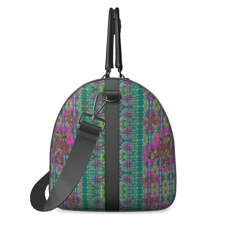 Hand Crafted, Print on Demand, England, River Jade Smithy, Travis Huffaker, RJSTH, Luggage & Bags > Duffel Bags, duffle, RJSTH@Fabric#9, WindSong Flower Collection, Nappa Leather, Gunmetal hardware, Small (W x L x H): 7.9" x 14.6" x 8.3, Large (W x L x H): 9.1" x 20.1" x 11.2, black handle, blue, copper, pink flowers, other side