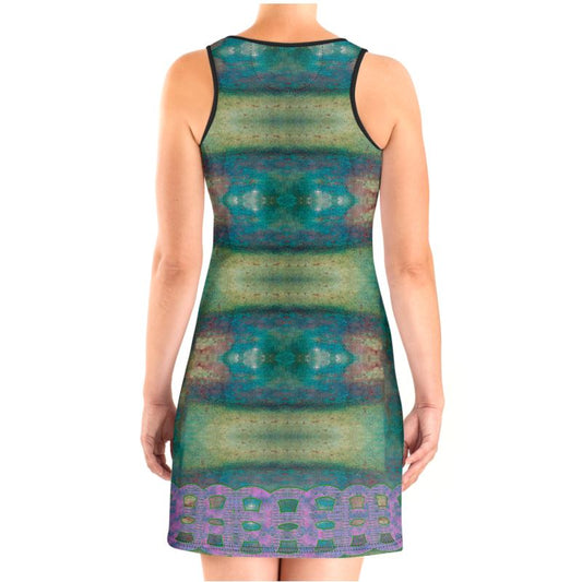 River Jade Smithy, by River Jade Smith Travis Huffaker, RJSTH@Fabric #4 , stunning, handmade, print on demand, Scuba dress (vest dress), deep blue, green glass, purples, kiln smoke grays, compose this custom fabric. Created from the colors of Raku sculpture. Built by RJSTH from original art. Active wear, day or night, a hint of magic. Image of purple double link chain adorn the bottom of the dress. Chain Collection on RJSTH@Fabri#4, back