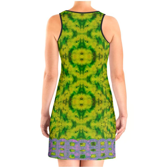 River Jade Smithy, by River Jade Smith Travis Huffaker, RJSTH@Fabric #5 , stunning, handmade, print on demand, scuba dress (vest dress), geometries of bright green jade, swirls of lighter & darker green, compose this custom print on demand fabric. Created from the colors of actual Jade. Built by RJSTH from original images. Active wear, day or evening, a hint of magic. Images of Purple double chains line the bottom of the dress. Chain Collection on RJSTH@Fabric#5, back