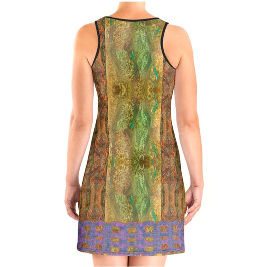 River Jade Smithy, by River Jade Smith Travis Huffaker, RJSTH@Fabric #6, stunning, handmade, print on demand, Scuba dress (vest dress), deep copper, bronze, blue and gold and copper glass rivers, compose this custom fabric. Created from the colors of Raku sculpture. Built by RJSTH from original art. Active wear, day and night, a hint of magic. Images of purple double chains adorn the bottom edge of the dress. Chain Collection on RJSTH@Fabric#6, back