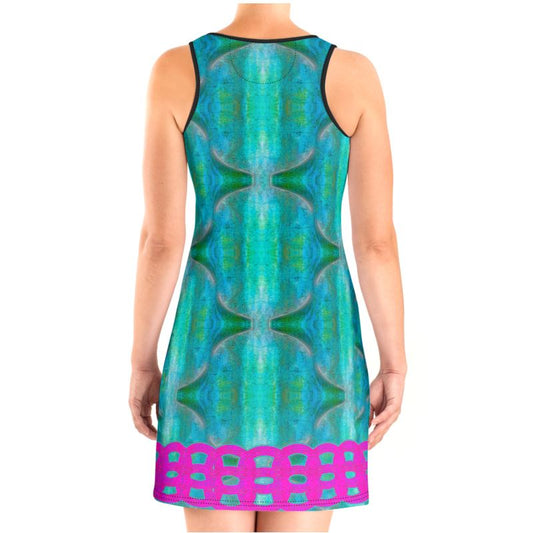 River Jade Smithy by River Jade Smith Travis Huffaker, RJSTH@Fabric #8 , stunning, handmade, print on demand, scuba dress (vest dress), crackle glass blues, kiln smoke grays, mottled deep greens compose this custom fabric. Created from the colors of Raku sculpture. Built by RJSTH from original art. Activewear, day and night elegance, a hint of magic. Images of pink double chains line the bottom of the dress. Chain Collection on RJSTH@Fabric#8, back