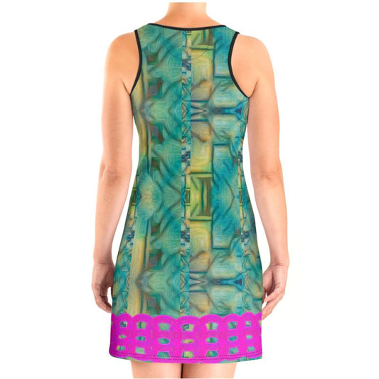 River Jade Smithy by River Jade Smith Travis Huffaker, RJSTH@Fabric #9 , stunning, handmade, print on demand,scuba dress (vest dress), abstract geometries of crackle glass blues, kiln smoke grays, mottled deep greens compose this custom fabric. Created from the colors of Raku sculpture. Built by RJSTH from original art. Active wear, day and night elegance, a hint of magic. Images of pink double chains adorn the bottom of the dress. Chain Collection on RJSTH@Fabric#9, back