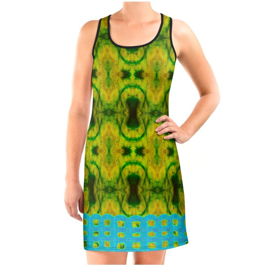 River Jade Smithy by River Jade Smith Travis Huffaker, RJSTH@Fabric #10 , stunning, handmade, print on demand, scuba dress (vest dress), geometric  waves of green jade, swirls of lighter green, mottled with red and yellow jade spots,  compose this custom print on demand fabric.  Created from the colors of actual Jade.  Built by RJSTH from original images.  Active wear, day or evening elegance, a hint of magic. A  Blue double chain on the bottom edge, Chain Collection on RJSTH@Fabric#10, front