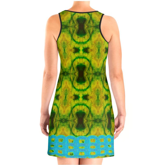 River Jade Smithy by River Jade Smith Travis Huffaker, RJSTH@Fabric #10 , stunning, handmade, print on demand, scuba dress (vest dress), geometric waves of green jade, swirls of lighter green, mottled with red and yellow jade spots, compose this custom print on demand fabric. Created from the colors of actual Jade. Built by RJSTH from original images. Active wear, day or evening elegance, a hint of magic. A Blue double chain on the bottom edge, Chain Collection on RJSTH@Fabric#10, back