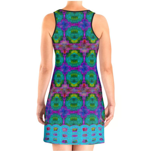 River Jade Smithy by River Jade Smith Travis Huffaker, RJSTH@Fabric #11 , stunning, handmade, print on demand, Scuba Dress (vest dress), Electric blues and purples in abstract geometries compose this custom fabric. Created from the colors of Raku sculpture. Built by RJSTH from original art. Active wear, day or night wear, a hint of magic. Images of blue overlapping chains adorn the bottom edge of the dress. Chain Collection on RJSTH@Fabric#11, back