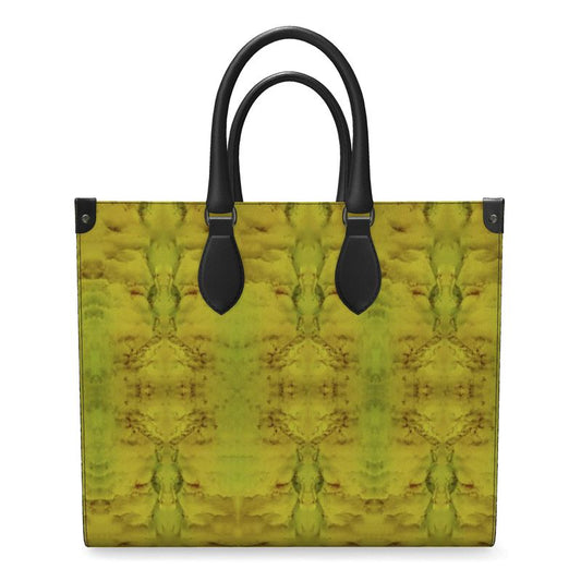 Hand Crafted, River Jade Smithy, Travis Huffaker, RJSTH, England, Apparel & Accessories > Handbags, Wallets & Cases > Handbags, Shoppers Bag, RJSTH@FABRIC#1, Nappa Leather, Large - 15.7" x 13.4" x 7.1" / Weight: 2.4 lbs, Small - 13.8" x 11.0" x 6.1" / Weight: 2.0 lbs, Black Handle, Yellow, Jade, orange, woven copper stripe on ends, detail front