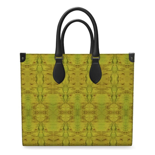 Hand Crafted, River Jade Smithy, Travis Huffaker, RJSTH, England, Apparel & Accessories > Handbags, Wallets & Cases > Handbags, Shoppers Bag, RJSTH@FABRIC#1, Nappa Leather, Large - 15.7" x 13.4" x 7.1" / Weight: 2.4 lbs, Small - 13.8" x 11.0" x 6.1" / Weight: 2.0 lbs, Black Handle, Yellow, Jade, orange, woven copper stripe on ends, detail, front