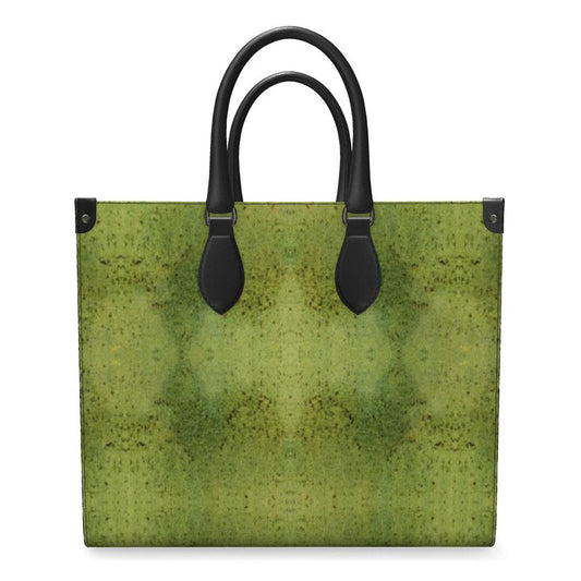 Hand Crafted, River Jade Smithy, Travis Huffaker, RJSTH, England, Apparel & Accessories > Handbags, Wallets & Cases > Handbags, Shoppers Bag, RJSTH@FABRIC#2, Nappa Leather, Large - 15.7" x 13.4" x 7.1" / Weight: 2.4 lbs, Small - 13.8" x 11.0" x 6.1" / Weight: 2.0 lbs, Black Handle, raku, moss, green, vertical, orange, stripe through woven Copper on both ends, front