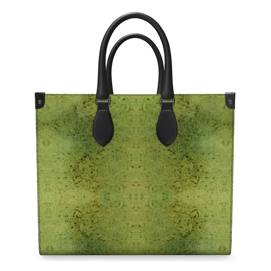 Hand Crafted, River Jade Smithy, Travis Huffaker, RJSTH, England, Apparel & Accessories > Handbags, Wallets & Cases > Handbags, Shoppers Bag, RJSTH@FABRIC#2, Nappa Leather, Large - 15.7" x 13.4" x 7.1" / Weight: 2.4 lbs, Small - 13.8" x 11.0" x 6.1" / Weight: 2.0 lbs, Black Handle, raku, moss, green, vertical, orange, stripe through woven Copper on both ends, front