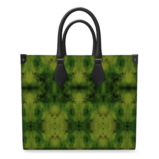 Hand Crafted, River Jade Smithy, Travis Huffaker, RJSTH, England, Apparel & Accessories > Handbags, Wallets & Cases > Handbags, Shoppers Bag, RJSTH@FABRIC#3, Nappa Leather, Large - 15.7" x 13.4" x 7.1" / Weight: 2.4 lbs, Small - 13.8" x 11.0" x 6.1" / Weight: 2.0 lbs, Black Handle, geometric, jade, green, & vertical, orange, stripe through woven Copper on both ends, side, front