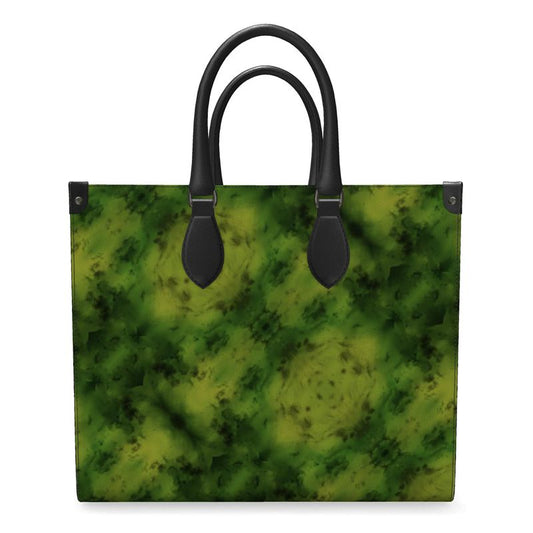 Hand Crafted, River Jade Smithy, Travis Huffaker, RJSTH, England, Apparel & Accessories > Handbags, Wallets & Cases > Handbags, Shoppers Bag, RJSTH@FABRIC#3, Nappa Leather, Large - 15.7" x 13.4" x 7.1" / Weight: 2.4 lbs, Small - 13.8" x 11.0" x 6.1" / Weight: 2.0 lbs, Black Handle, geometric, jade, green, & vertical, orange, stripe through woven Copper on both ends, front