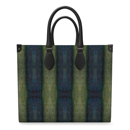 Hand Crafted, River Jade Smithy, Travis Huffaker, RJSTH, England, Apparel & Accessories > Handbags, Wallets & Cases > Handbags, Shoppers Bag, RJSTH@FABRIC#4, Nappa Leather, Large - 15.7" x 13.4" x 7.1" / Weight: 2.4 lbs, Small - 13.8" x 11.0" x 6.1" / Weight: 2.0 lbs, Black Handle, raku, green, blue, glass, crackle, & orange, woven Copper stripes on the ends, front