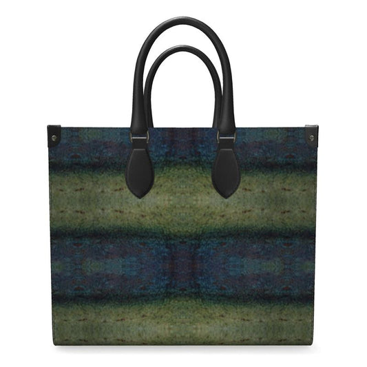 Hand Crafted, River Jade Smithy, Travis Huffaker, RJSTH, England, Apparel & Accessories > Handbags, Wallets & Cases > Handbags, Shoppers Bag, RJSTH@FABRIC#4, Nappa Leather, Large - 15.7" x 13.4" x 7.1" / Weight: 2.4 lbs, Small - 13.8" x 11.0" x 6.1" / Weight: 2.0 lbs, Black Handle, raku, green, blue, glass, crackle, & orange, woven Copper stripes on the ends, front