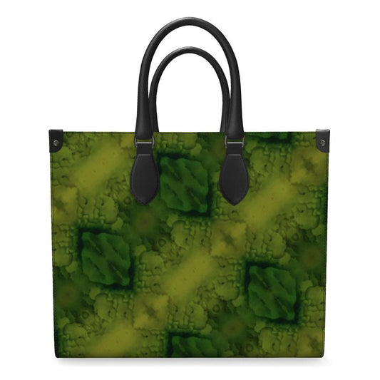 Hand Crafted, River Jade Smithy, Travis Huffaker, RJSTH, England, Apparel & Accessories > Handbags, Wallets & Cases > Handbags, Shoppers Bag, RJSTH@FABRIC#5, Nappa Leather, Large - 15.7" x 13.4" x 7.1" / Weight: 2.4 lbs, Small - 13.8" x 11.0" x 6.1" / Weight: 2.0 lbs, Black Handle, geometric, stain glass, green, jade, & purple, stripe, through woven, Copper, on the ends, front