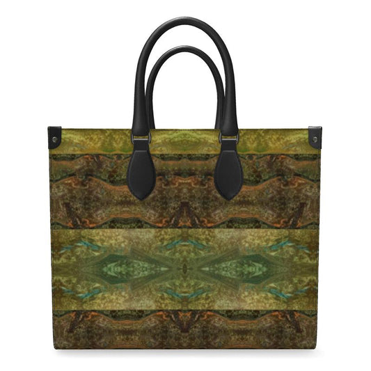 Hand Crafted, River Jade Smithy, Travis Huffaker, RJSTH, England, Apparel & Accessories > Handbags, Wallets & Cases > Handbags, Shoppers Bag, RJSTH@FABRIC#6, Nappa Leather, Large - 15.7" x 13.4" x 7.1" / Weight: 2.4 lbs, Small - 13.8" x 11.0" x 6.1" / Weight: 2.0 lbs, Black Handle, raku, glass, Bronze, gold, blue, crackle, & purple, stripe, through, woven, Copper on both side ends, front